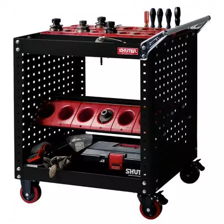 Xe đẩy lưu trữ dụng cụ CNC với 3 giá đỡ dụng cụ được lắp trên mặt trên và 2 giá đỡ bàn dưới.