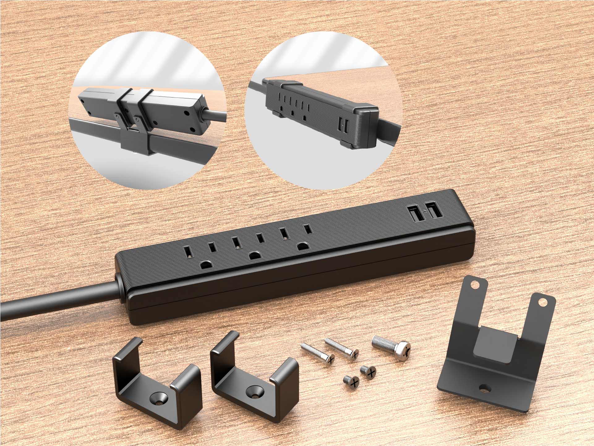 Möbelsteckdose mit Halterung, USB-Ladegerät, 2 Steckdosen 2P+Z (Schuko),  2xUSB (Typ A, 2,4A), Kabel 3x1,5mm2 - 1,4m, weiß - Elektrogeschäft Reeline