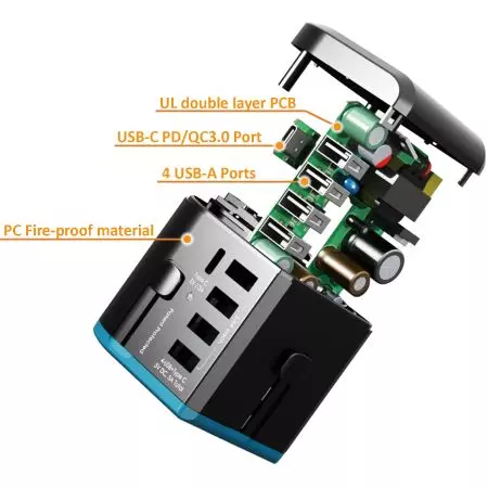 オールインワントラベルアダプターは、USB-C PD&QC 3.0を統合し、最大30Wの高速充電をサポートします。最大10Aの高出力と複数の5つのUSBポートを備えたこの製品は、6つのデバイスまたは家電を同時に使用することができ、旅行やグループでの作業に最適です。ブランドPC防火材料とニッケルメッキ真鍮を使用して製品を良好な導電性と長寿命にしました。