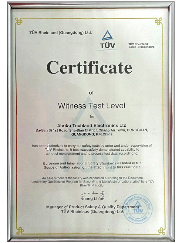 Certificado de Pruebas de Testigo de TUV Rheinland