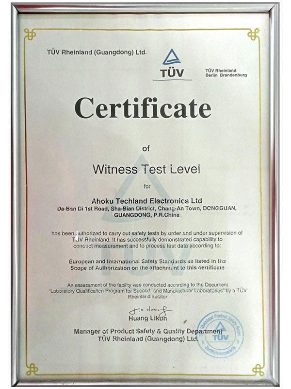 TUV Rheinland 증인 테스트 인증서