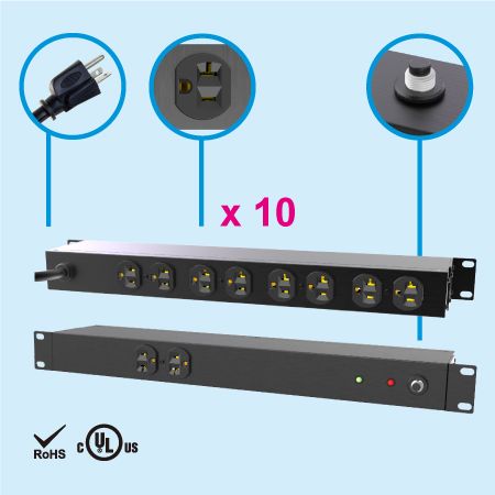 Regleta de alimentación para armario de 19 de 1U con 10 tomas NEMA 5-20 -  Protector de sobretensiones para montaje en rack, regleta de alimentación  PDU, PDU para rack de servidores