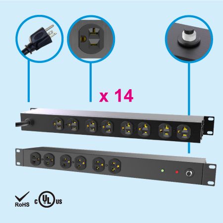 Regleta de alimentación metálica de 14 tomas NEMA 5-20, 1U 19 - Protector  de sobretensiones para montaje en rack, regleta de alimentación PDU, PDU  para rack de servidores