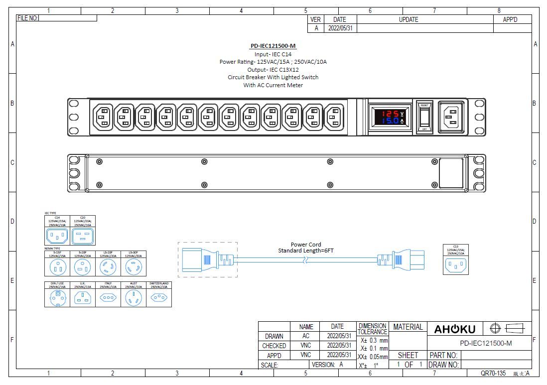 12 C13 Sockets and C14 Inlet 1U Metered PDU with Lighted Switch ...