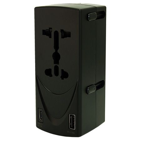 Adaptador de viaje de 3.4A con dos enchufes y 2 USB tipo C. - Adaptador de viaje universal internacional de doble enchufe con cargador USB-C.