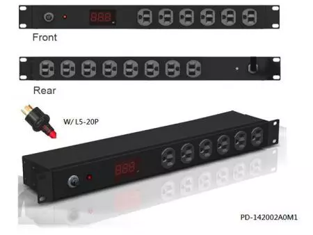 14 saídas com plugue L5-20P e medidor de Ampère