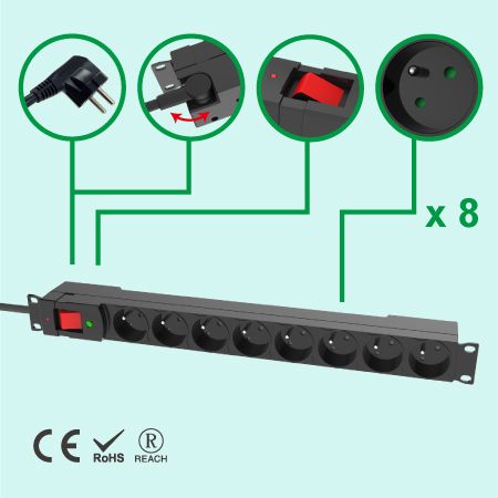 法式8孔机架式电源分配器 - 8孔法式突波保护插座