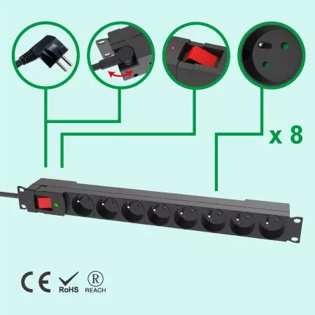 França 8 Tomadas 1U PDU Rack Protetor contra Surtos 16A CE - 8 Tomadas PDU com Proteção contra Surtos