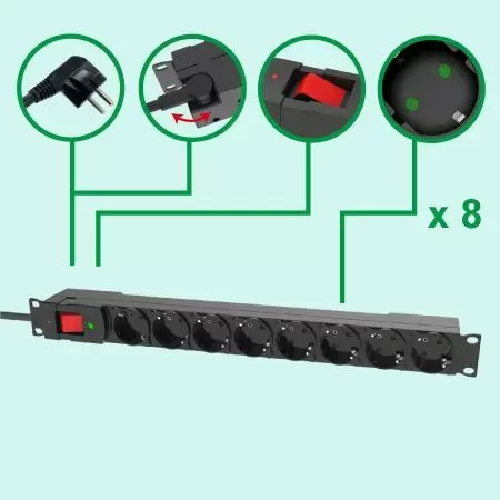 8 prese tedesche (Schuko) Rack Mount PDU - Germania EU 8 Outlet 1U rack mount PDU Power Strip 16A/250V GS