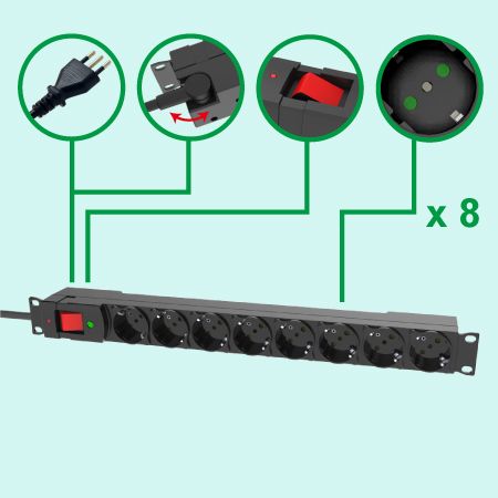 义式8孔机架式电源分配器 - 义式插座带有防触电保护