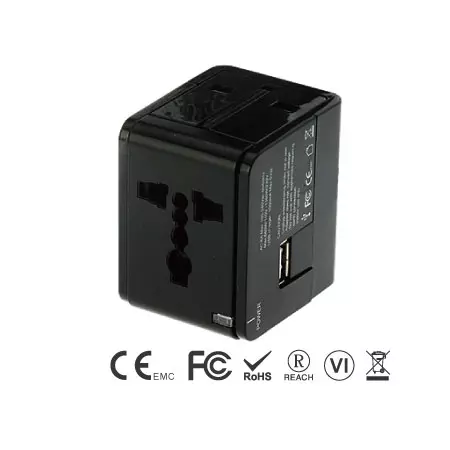 Adaptateur de voyage universel avec chargeur USB - Adaptateur de voyage universel côté avant et port USB