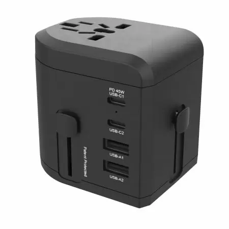 Adaptador de viaje universal GaN de 4 puertos de 45W PD y QC 3.0