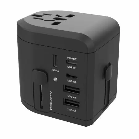 Adaptador de viaje universal de 65W PD, tecnología GaN con enchufes US/UK/EU/AU