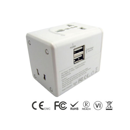 Universal Travel Adapter Built-in 2.4A Dual USB Charger - Universal Travel Adapter front Side & Dual USB ports