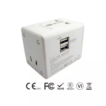 Universal Travel Adapter dengan Pengisi Daya USB Ganda 2.4A Terintegrasi - Universal Travel Adapter bagian depan & Port USB ganda