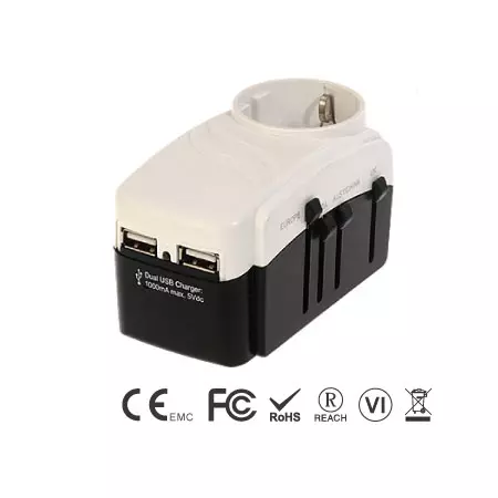Adaptador universal para tierra Euro con cargador USB de 1A y protección contra sobretensiones - Adaptador universal con toma de tierra para viajes, parte frontal y puertos USB
