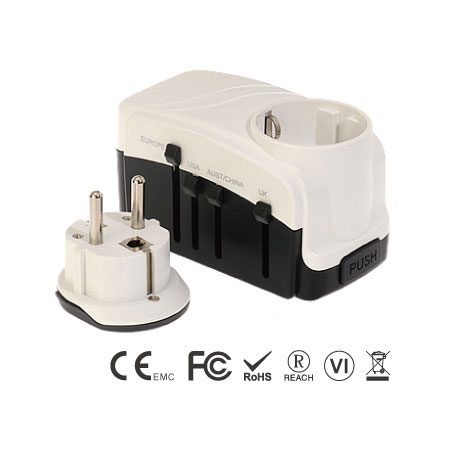 Adaptador de viaje internacional de 3 clavijas con toma de tierra y dos puertos USB de 2.1A - Adaptador de Viaje Universal con Toma de Tierra - Lado Frontal