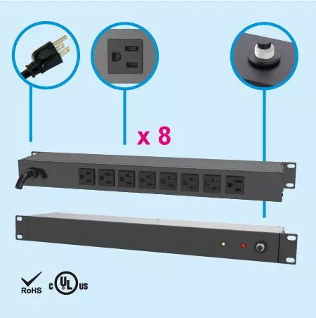 شريط طاقة 8 NEMA 5-15 1U 19 بوصة لـ PDU رف الخزانة - الجانب الخلفي، 8 مآخذ 5-15R، PDU الشبكة