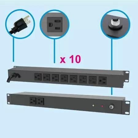 1U 19インチベーシックラックPDU、10個のNEMA 5-15R出力 - リアサイド、8 x 5-15R アウトレット、ネットワークPDU