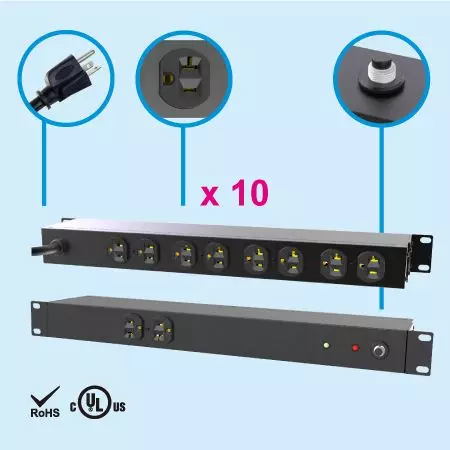 10個のNEMA 5-20 1U 19インチキャビネット電源ストリップ - 20A PDU