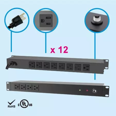 12 NEMA 5-15 1U Rack PDU - Задняя сторона, 8 розеток 5-15R, сетевой PDU