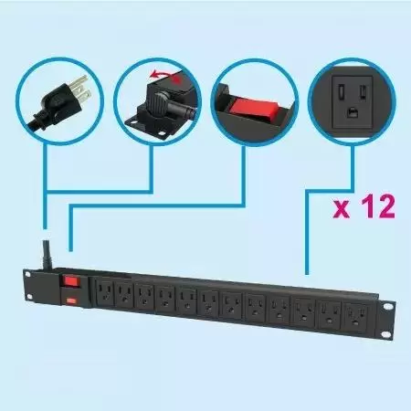 1U Rackmount PDU 15A 120V 12 ổ cắm NEMA 5-15R - PDU gắn trên giá cơ bản 1U