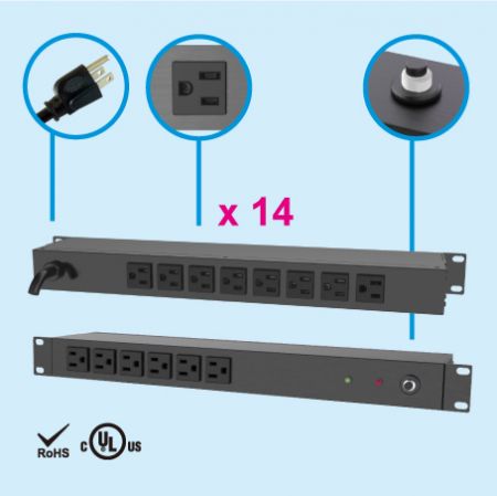 14孔NEMA 5-15 1U 机架式电源分配器 - 伺服器用插座, 8 x 5-15R outlets