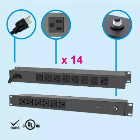 14 NEMA 5-15 1U Gestore di Alimentazione Rack - Lato posteriore, 8 x prese 5-15R, PDU di rete