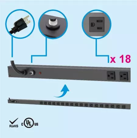 18口のNEMA 5-15 0U縦型省スペースキャビネット電源タップ - 18口の5-15R出力PDU