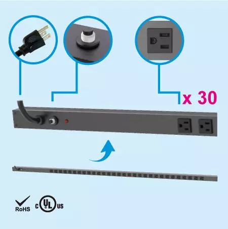 شريط طاقة رأسي بدون وحدة توزيع الطاقة 30 NEMA 5-15 لتوفير المساحة - مأخذات 30 × 5-15R PDU