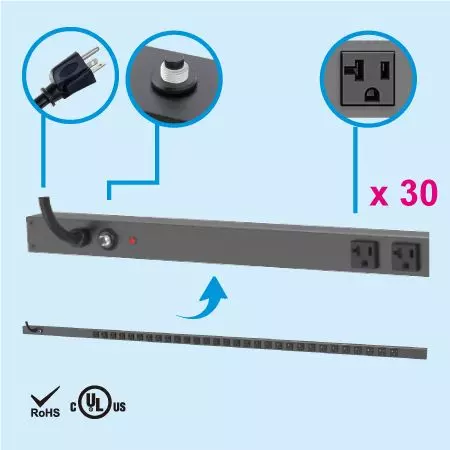 PDU vertical de 0U con medidor de 30 tomas NEMA 5-20 y regleta de alimentación - 30 tomas 5-20R PDU y 5-20P