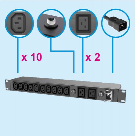 12個のアウトレットIEC 60320ラックPDU 15A-20Aサーキットブレーカーパワーストリップ - 19インチC13 C19 PDU