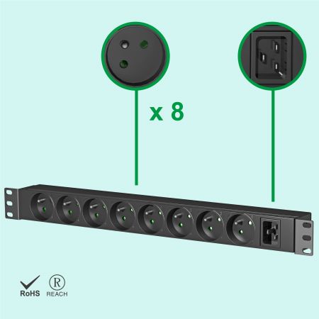 PDU Rack Pháp 8-Way, Đầu vào nguồn C20 (Dây rời) - PDU Kim loại 1U Rack Mount Pháp 8-Outlet