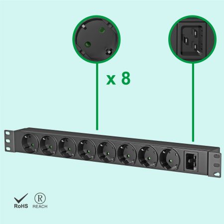 8-Way German Schuko Rack PDU, C20 Power Inlet (Detachable Cord) - 8-Outlet German (Schuko) 1U Rack Mount Metal PDU