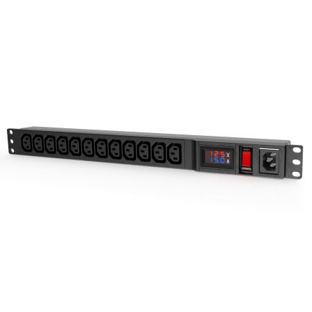 12 C13 Sockets and C14 Inlet 1U Metered PDU with Lighted Switch - IEC C13 Outlet Single-Phase Metered PDU