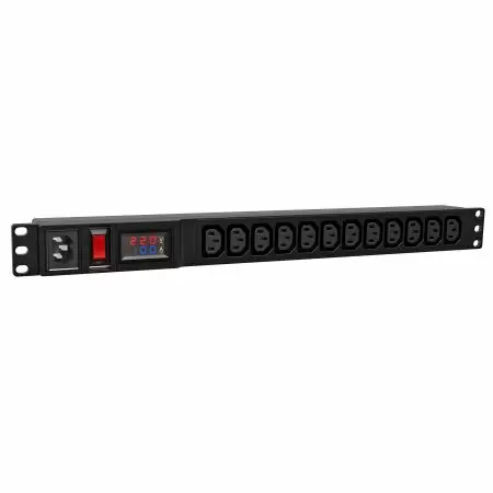 12 x C13, Inlet C14, PDU Horizontal Berukuran 1U dengan Pengukur, Pemutus Sirkuit & Kombinasi Sakelar Bercahaya - Soket IEC C13 dan C14 di Depan