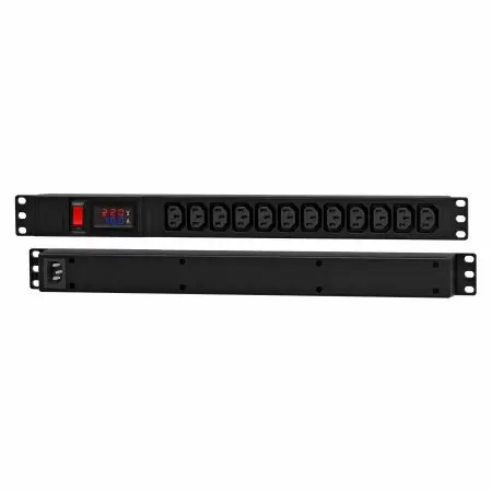 12 x C13 (Depan), Inlet C14 (Belakang), PDU Horizontal Berukuran 1U dengan Meter, Pemutus Sirkuit & Kombinasi Sakelar Bercahaya - Depan IEC C13 dan Belakang IEC C14