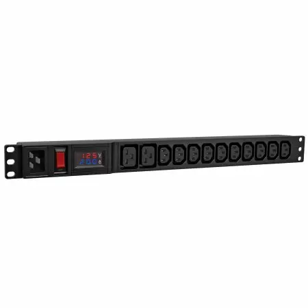 10 x C13, 2 x C19, Inlet C14, PDU Meter Horizontal 1U, Kombinasi Pemutus Sirkuit & Saklar Terang - Soket Campuran IEC C13 dan C19