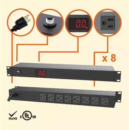 1U PDU Metered Horizontal, 15A 120V 8 Outlet NEMA 5-15R, Metal Tahan Lama - 8 x outlet PDU 5-15R dengan total arus pengukuran