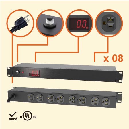 1U PDU Horizontal Metered, 20A 120V 8 NEMA 5-20R Soket, Metal Tahan Lama - PDU 20A dengan PDU yang terukur arus