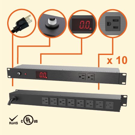 10孔NEMA 5-15 1U 19" 监视型机架式电源分配器 - 电表型伺服器用插座, 10 x 5-15R outlets