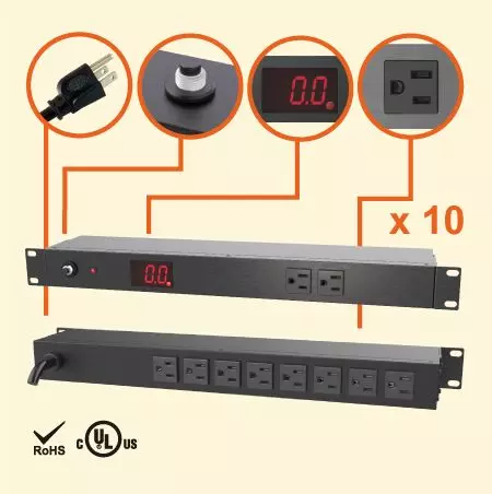 1U Horizontal Metered PDU, 15A 120V 10 NEMA 5-15R Outlet, Logam Berat Tugas - 10 x outlet 5-15R dengan meter arus
