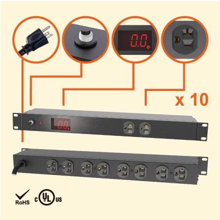 10個のNEMA 5-20 1U 19インチメーター付きキャビネット電源ストリップ - 電流計測PDUの20A PDU