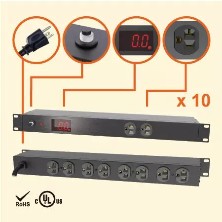 1U PDU Metered Horizontal, 20A 120V 10 Soket NEMA 5-20R, Metal Tahan Lama - PDU 20A dengan PDU yang terukur arus
