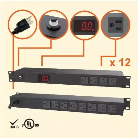 PDU Terukur Horizontal 1U, 15A 120V 12 Outlet NEMA 5-15R, Logam Berat Duty - 12 x 5-15R outlet PDU dengan meter arus total