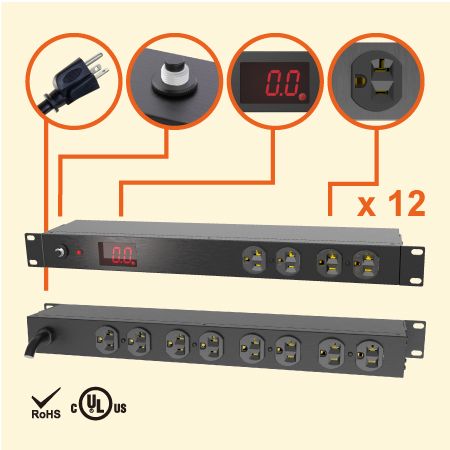 PDU orizzontale misurato 1U, 20A 120V 12 uscite NEMA 5-20R, metallo pesante - PDU da 20A con misurazione della corrente