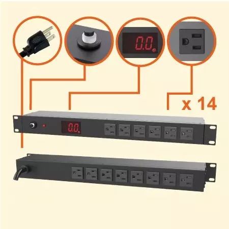 14孔NEMA 5-15 1U 监视型机架式电源分配器 - 电表型伺服器用插座, 14 x 5-15R outlets