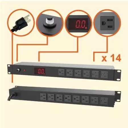 PDU Berukur Horizontal 1U, 15A 120V 14 Outlet NEMA 5-15R, Logam Berat - PDU Rackmount dengan Pengukur Arus
