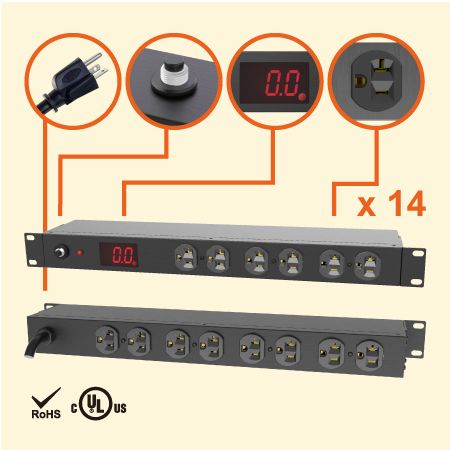 PDU orizzontale misurata 1U, 20A 120V 14 prese NEMA 5-20R, metallo pesante - PDU misurato da 20A di corrente