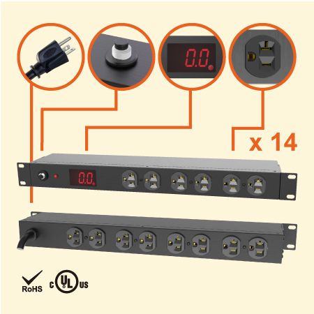 14個のNEMA 5-20 1U 19インチメーター付き金属パワーストリップ - 20Aの電流メーター付きPDU